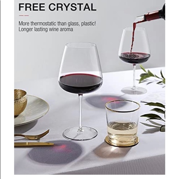 Red Wine Glasses Set of 2 - 21oz-Large Hand Blown Crystal Burgundy Glasses - Picture 3 of 5